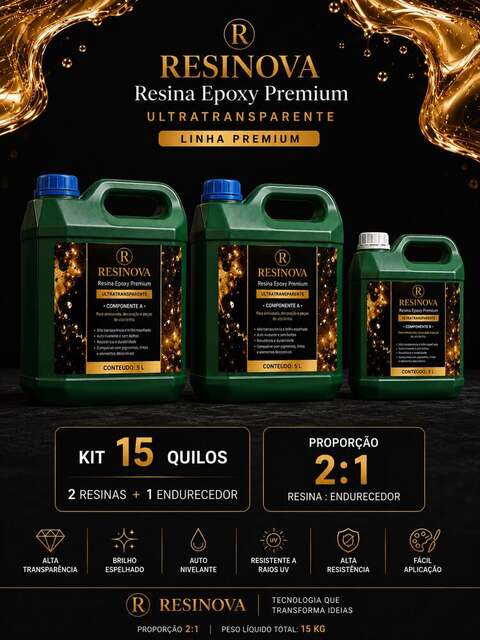 Kit Resinova 15kg, dois galões de resina e um de endurecedor, proporção 2:1